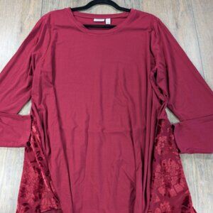 LOGO Lori Goldstein Tunic Top Womens XL Red Velvet Floral Trim Flowy Lagenlook